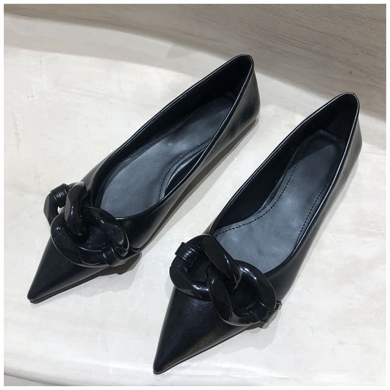 Chain Buckle Pointed Toe Ballet Flats