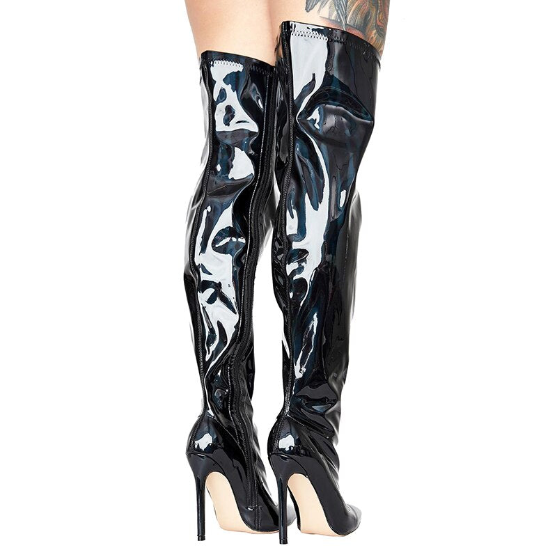 Over Knee Rainbow Patent Leather Pointed Toe Stiletto Heel Side Zipper Boots