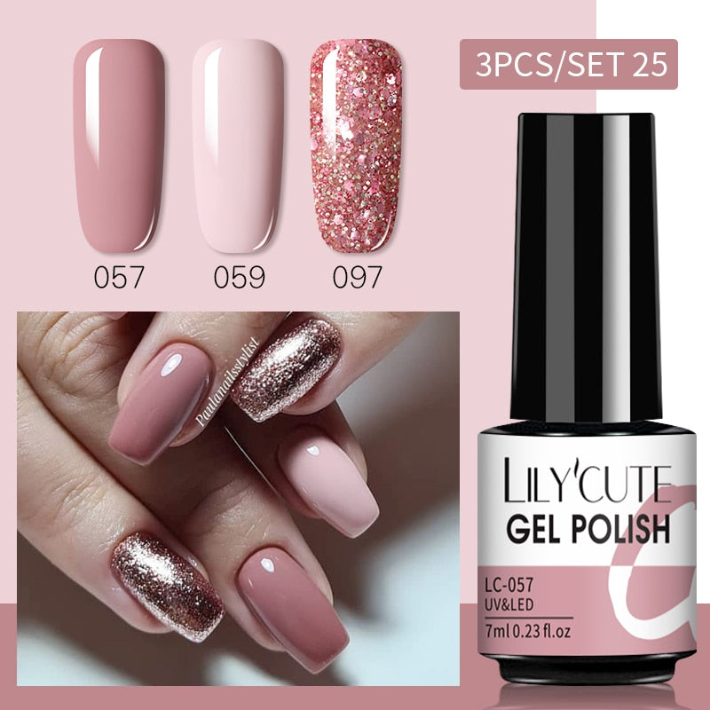 3 Piece Gel Polish Set: Winter Color Glitter Sequin Matte Effect Gel, Long Lasting Base Top Coat Nail Art Design