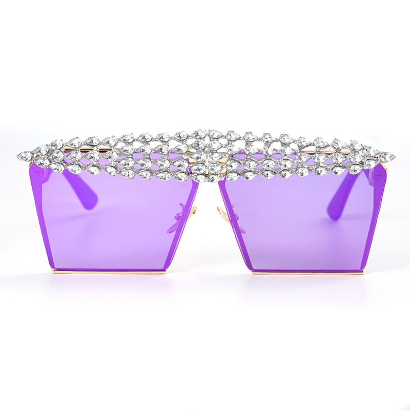 Mirror Reflective Square Diamond Net Flat Top Crystal Punk Sunglasses