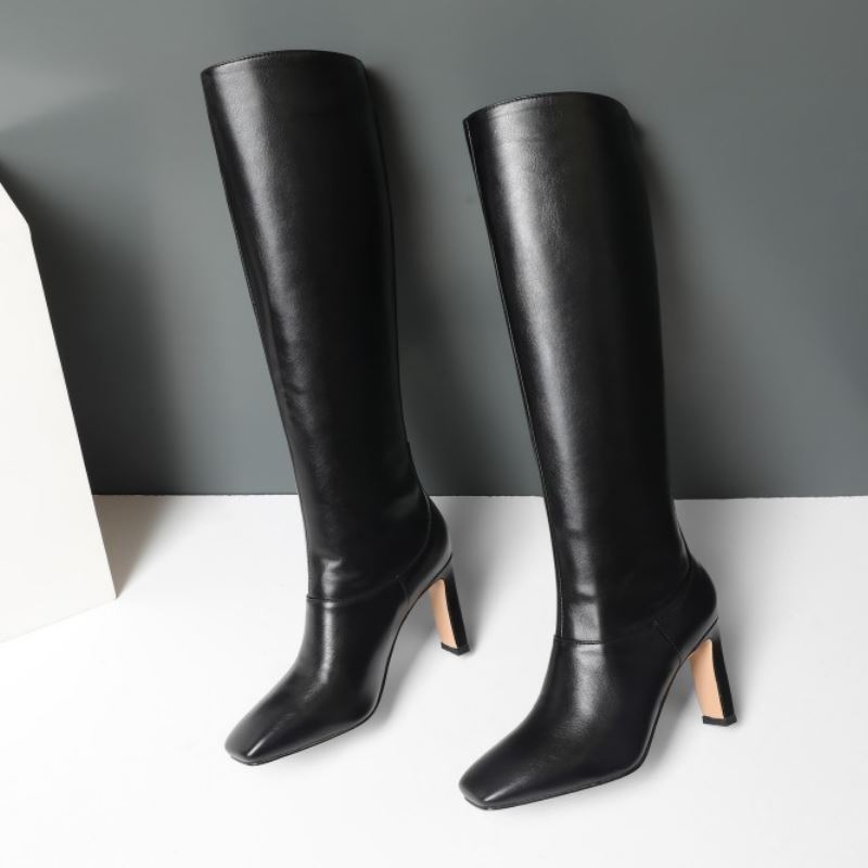 Knee High Pointed Toe Boots w/ Gold Square Heel