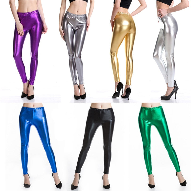 Metallic Skinny Faux Patent Leather Pencil High Waist Shiny Leggings