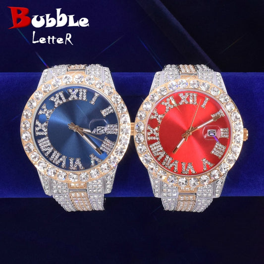 Bubble Letter Red/Blue Big Gold Military Quartz Rhinestone Men's Watch