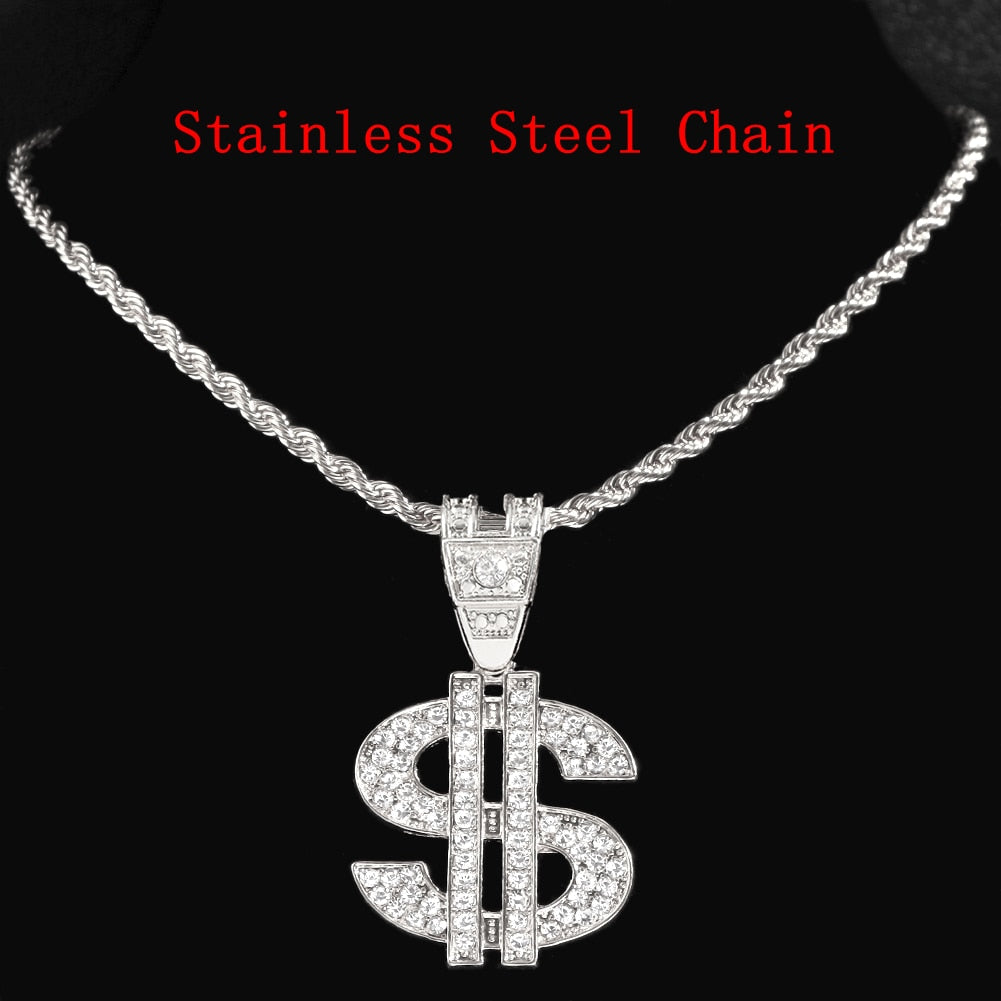 Dollar Sign Pendant Necklace 13mm Cuban Link Chain Necklace