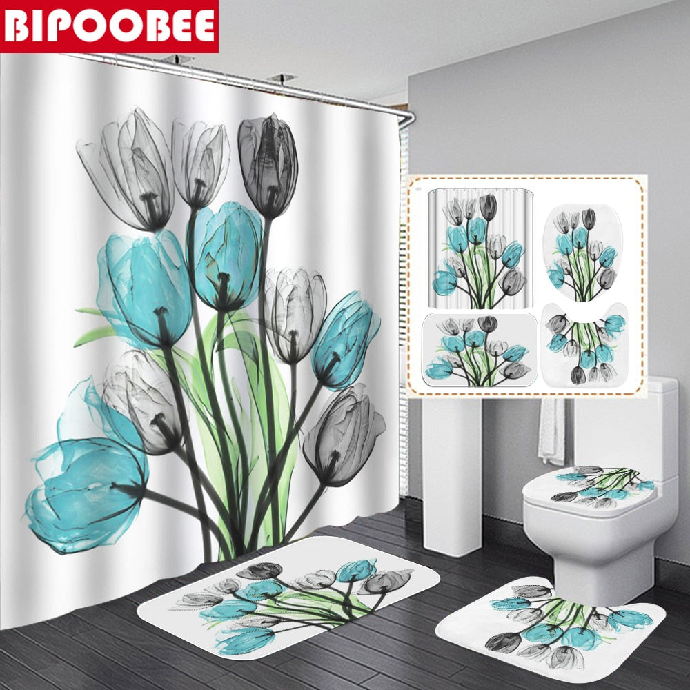 Tulip Lotus Flowers Trees Shower Curtain Sets Non-Slip Rugs Toilet Lid Cover and Bath Mat Waterproof Shower Curtain