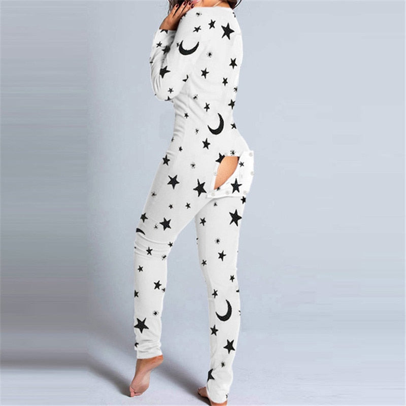 Button-Down Front V-Neck Long Sleeve Ladies Pajamas Onesie