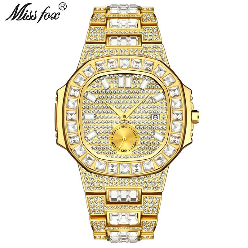 Men's 18K Gold Nano Vaccum Plated Fully Paved Baguette Diamond Waterproof Calendar Watches