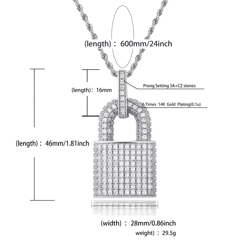 Hip-Hop Bling Lock Pendant Iced Out Bling Cubic Zircon Rope/Franco/Cuban Chains