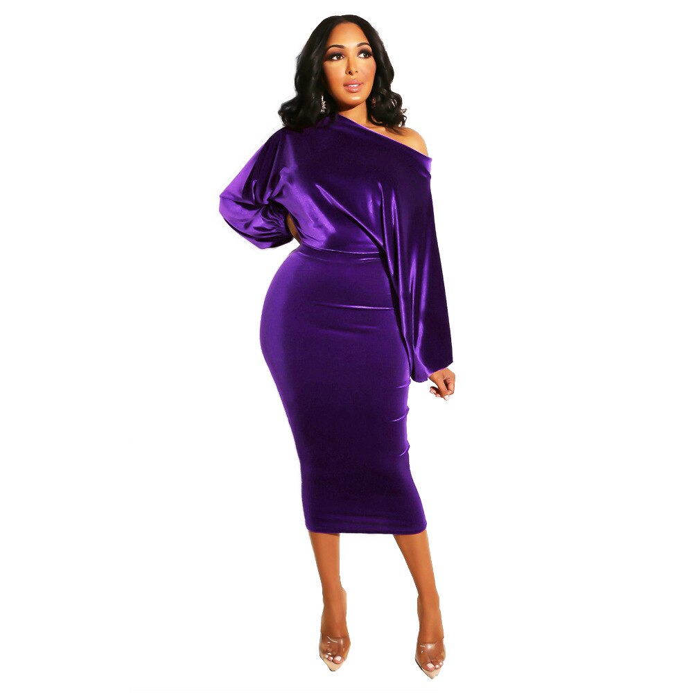 Velvet Solid Color Off-the-Shoulder Long Sleeve Bodycon Pencil Midi Dress