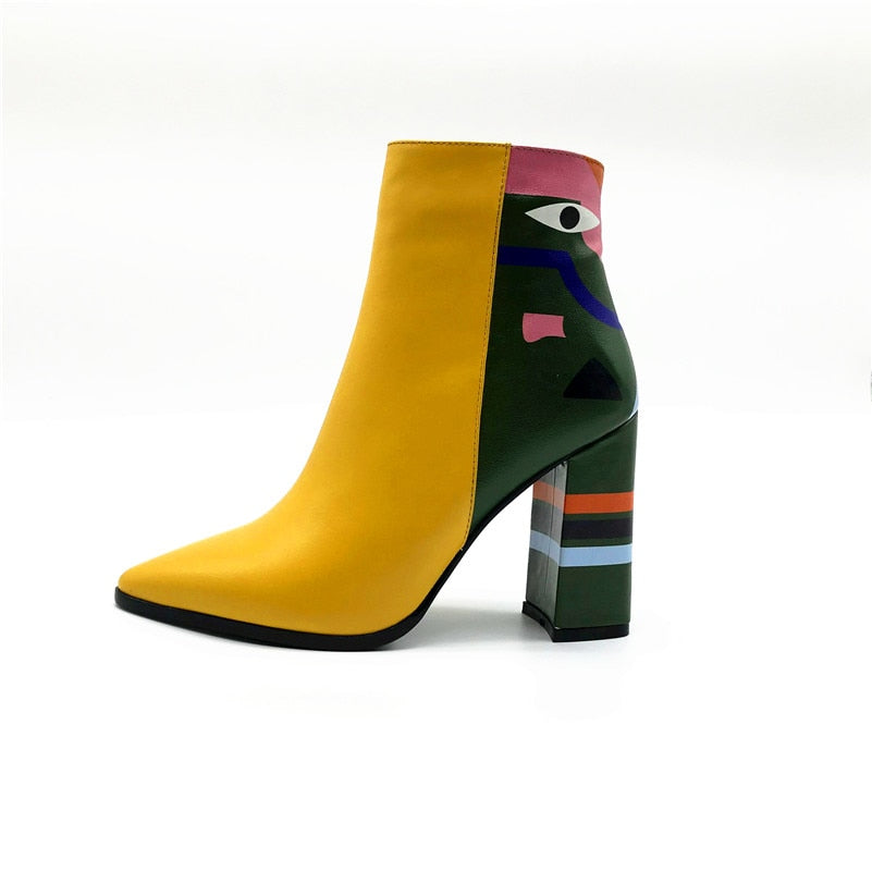 Pastel Colorblock Women's Square Heel Leather Ankle Boots