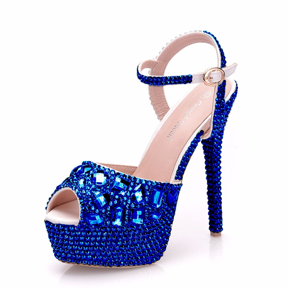 Rhinestone Crystal Peep Toe High Platform Ankle Strap Stiletto Stripper Pumps