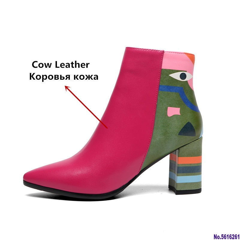 Pastel Colorblock Women's Square Heel Leather Ankle Boots