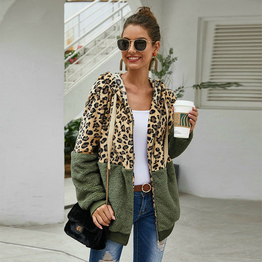 Leopard/Colorblock Women's Long Sleeve Zipper Hoodie Jacket