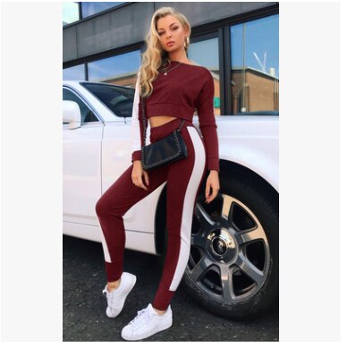 Patchwork Women's Set w/ Long Sleeve O-Neck Crop Top + Side Striped Sweatpants Tracksuit