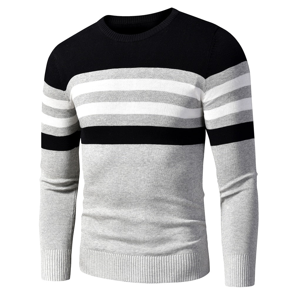 Men's Striped Fleece Cotton Pullover O-Neck Sweater