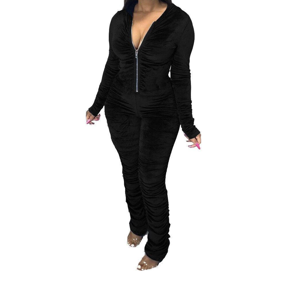 Velvet Hooded Solid Ruched Zipper Long Sleeve Jumpsuit