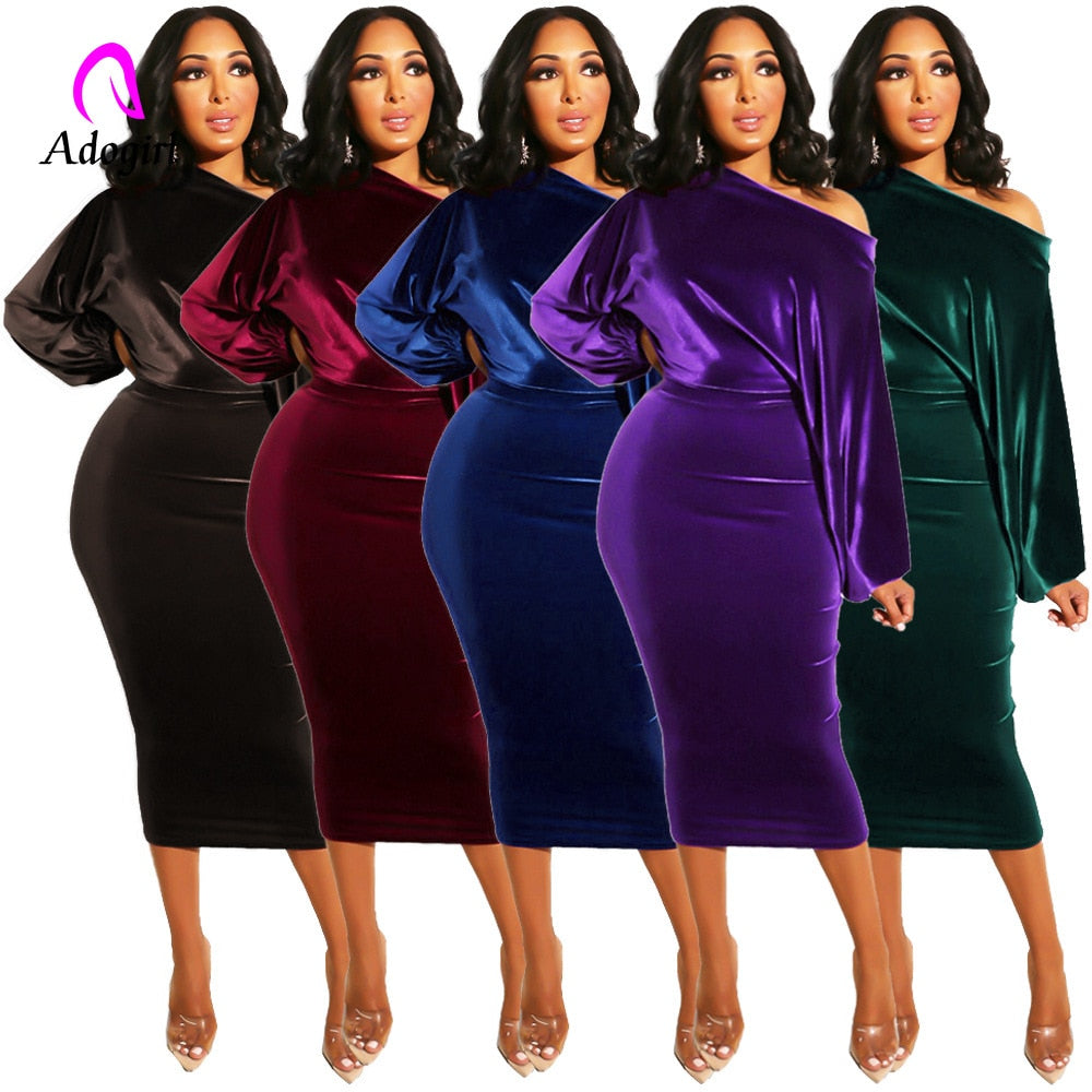 Velvet Solid Color Off-the-Shoulder Long Sleeve Bodycon Pencil Midi Dress