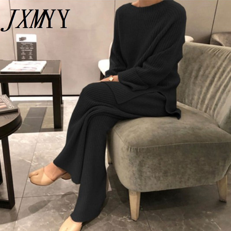 Knitted Pullover Sweater  + High Waist Loose Wide Leg Pants 2-Piece Set