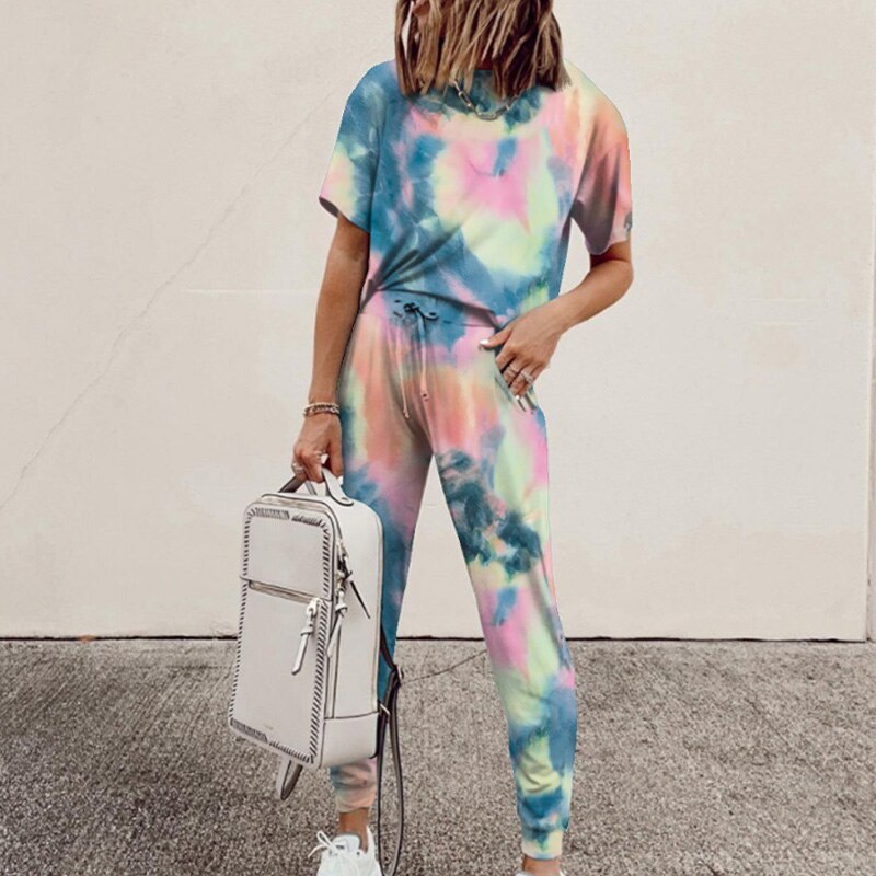 Women's Tie-Dye Print 2-Piece Short-Sleeved Round Neck Top + Drawstring Leggings Set