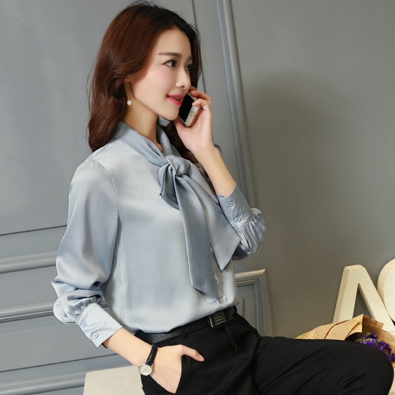 Chiffon Solid Bowtie Lantern Sleeve Plus Size Blouse to 3X