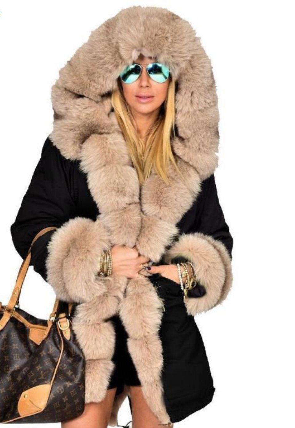 Faux Fur Hooded Fishtail Ladies Trench Coat Plus to 3X