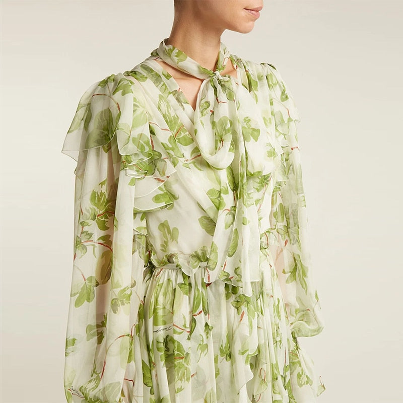 Green Runway Ruffle Flower Print Lantern Sleeve Cascading Maxi Dress