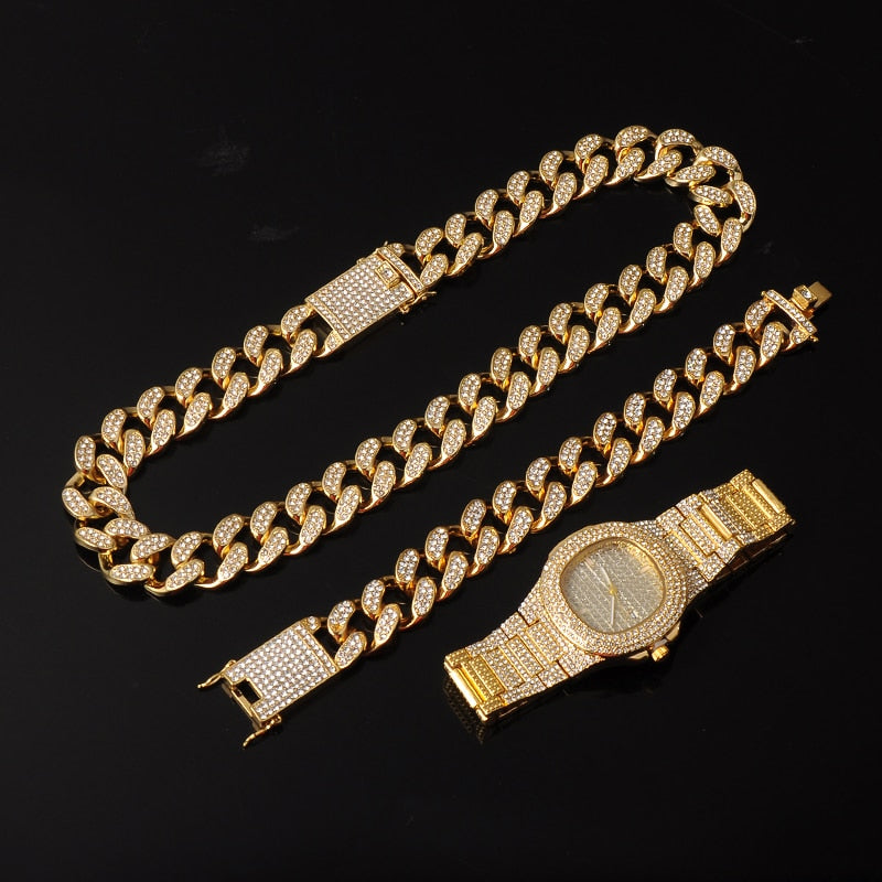 Cuban Chain Necklace + Bracelet + Watch Iced Out Paved Rhinestones CZ Chain Necklace 3-Piece Jewelry Set