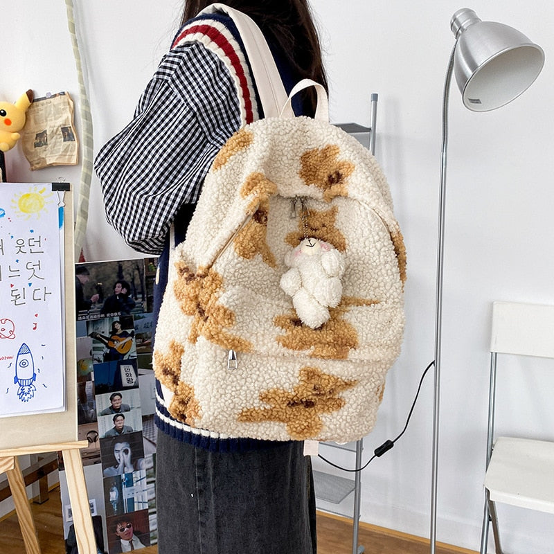 Imitation Lamb Hair Backpack Women School Bags For Teenage Girls Bears Print Cute Backpack Bagpack Kawaii Backpack Mochila Mujer