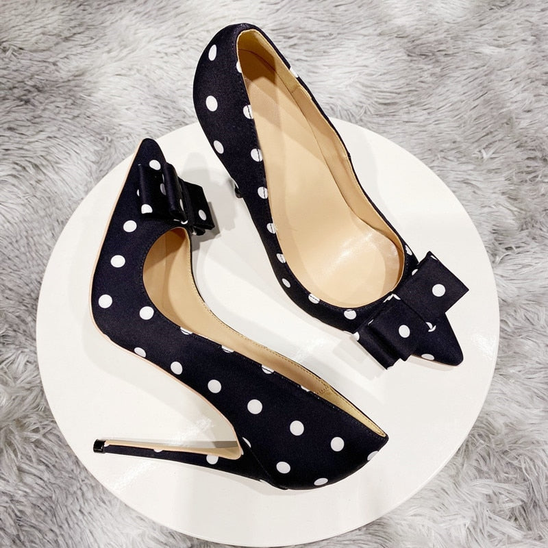 Bowknot Polka Dot Stiletto Pointed Toe Pumps