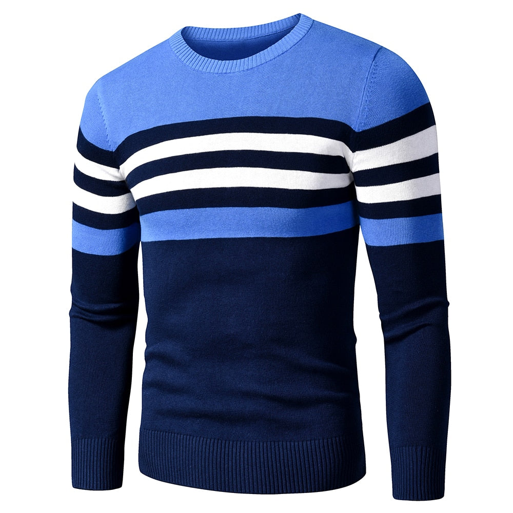 Men's Striped Fleece Cotton Pullover O-Neck Sweater