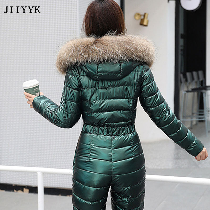 Fur Hood Quilted Solid Color Ladies Ski Snowsuit