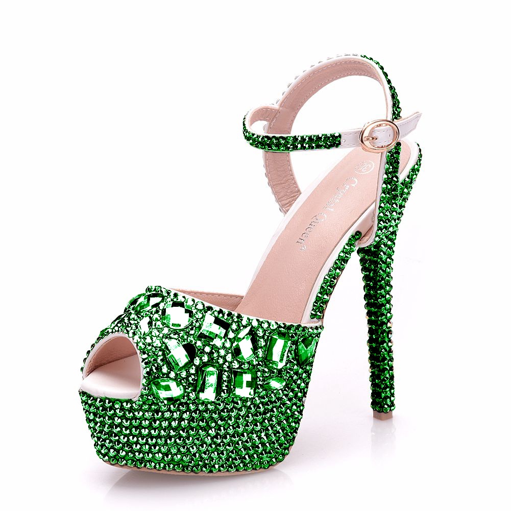 Rhinestone Crystal Peep Toe High Platform Ankle Strap Stiletto Stripper Pumps