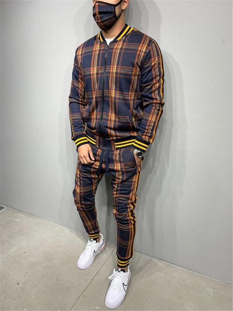 Men's Plaid Printed Faded O-Neck Zipper Jacket +Matching Sweatpants Tracksuit