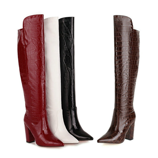 Patent PU Leather Women Over the Knee Pointed Toe Ladies Square High Heel Boots