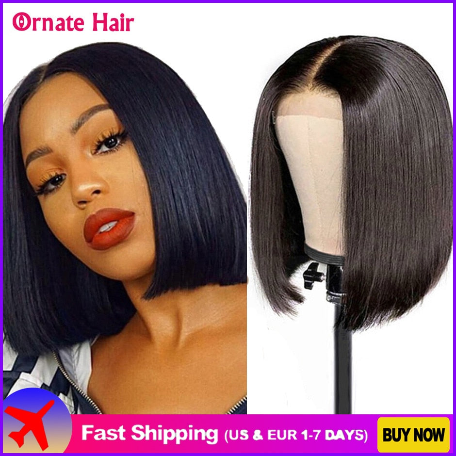 Brazilian Straight Lacefront 100% Human Hair Short Bob Wig Pre-Plucked Lace Closure 150% Density Wigs