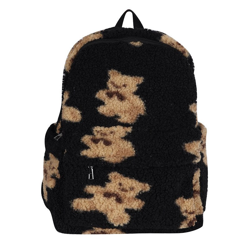 Imitation Lamb Hair Backpack Women School Bags For Teenage Girls Bears Print Cute Backpack Bagpack Kawaii Backpack Mochila Mujer