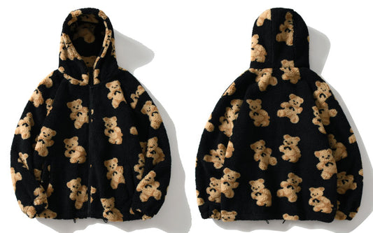 Fleece Men's Teddy Bear Print Fleece Zipper Hoodie Jacket