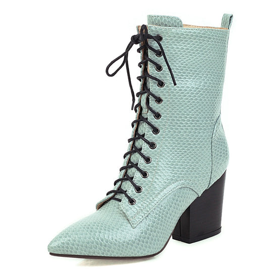 Solid Lace Up Pointed Toe Snake Ankle Strap Zipper Boots