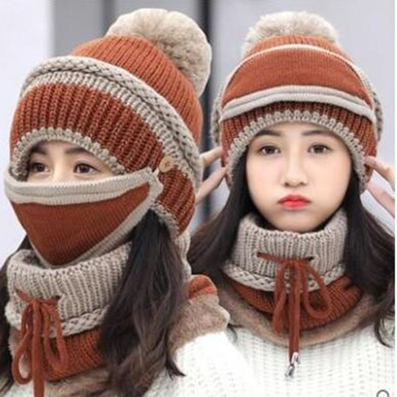 Women's Fleece 3-Piece Set: Knitted Mask, Beanie Hat & Scarf