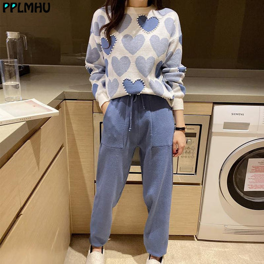 Heart Print Ladies O-Neck Sweater & Harem Pants 2-Piece Set