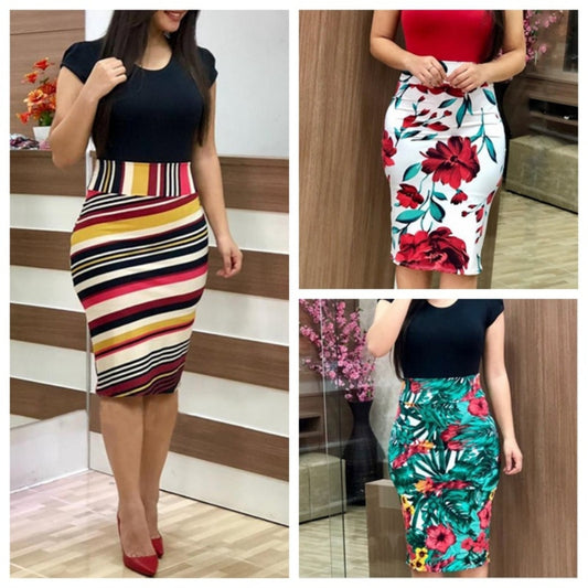 Tropical/Floral/Striped Bodycon Pencil Midi Office Dress