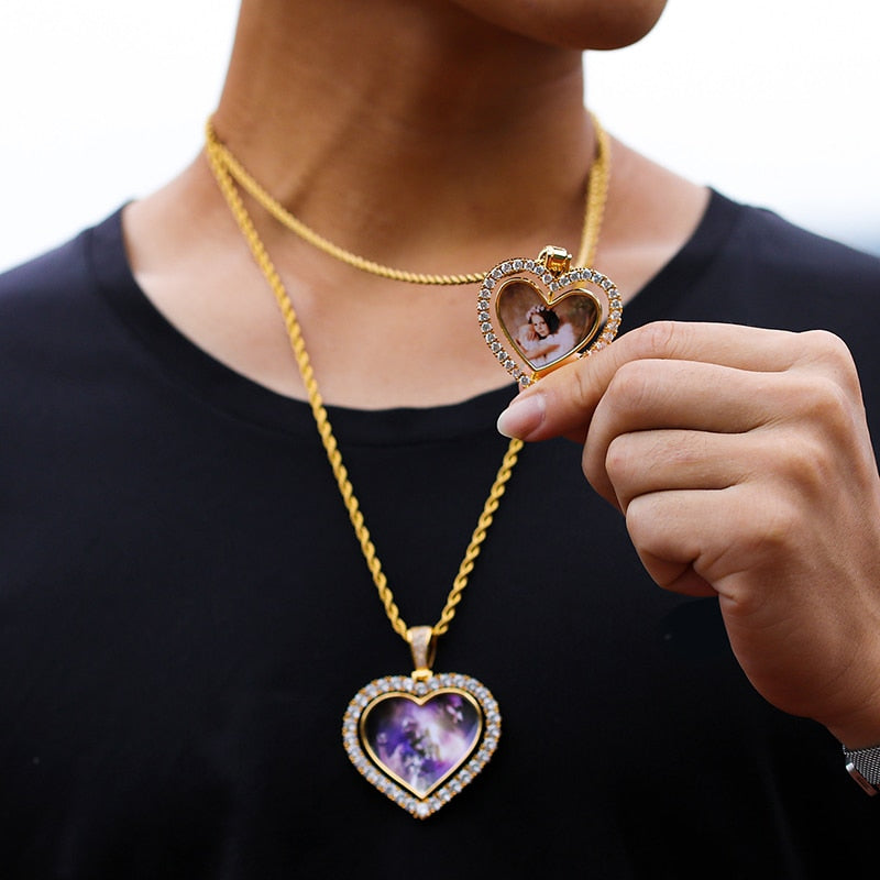 Cuban Link/Tennis/ Rope Custom Made Photo Rotating Heart Shape Double-Dided Pendant Chain Necklace