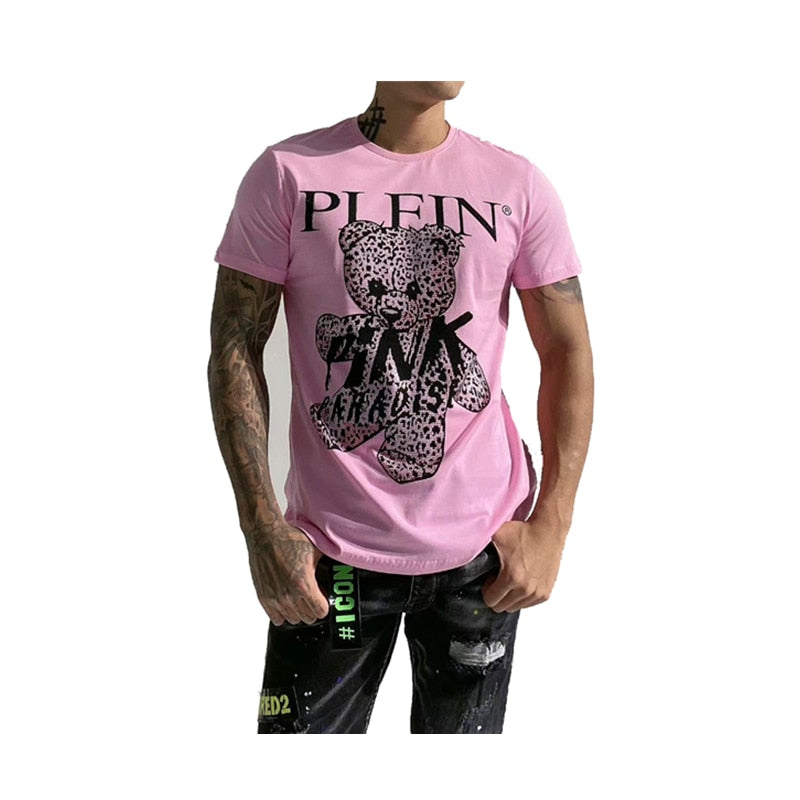 Men's Pink Rhinestone Teddy Bear Plein Embroidered T-Shirt