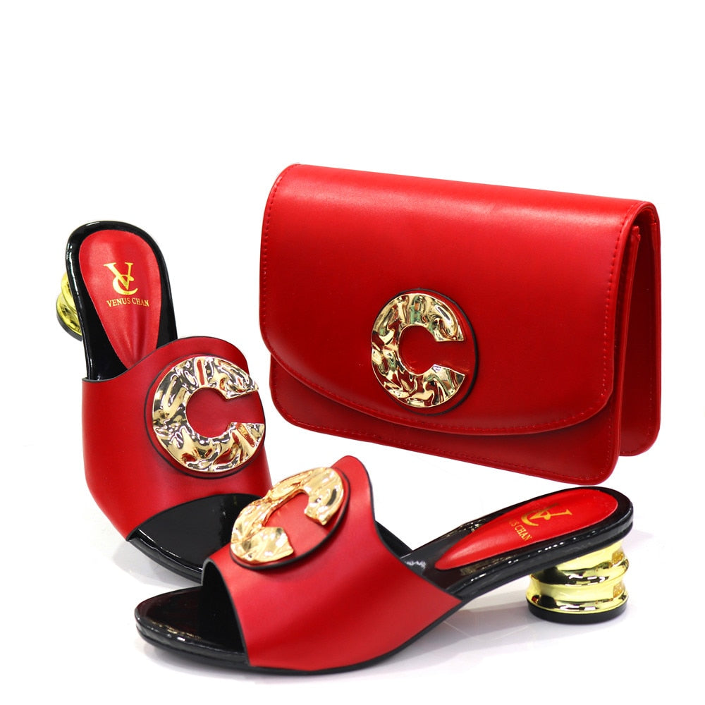 Solid Women's Italian Designer Leather Flat Buckle/Ruched Rhinestone Sandals & Matching Clutch Shoe & Purse Set