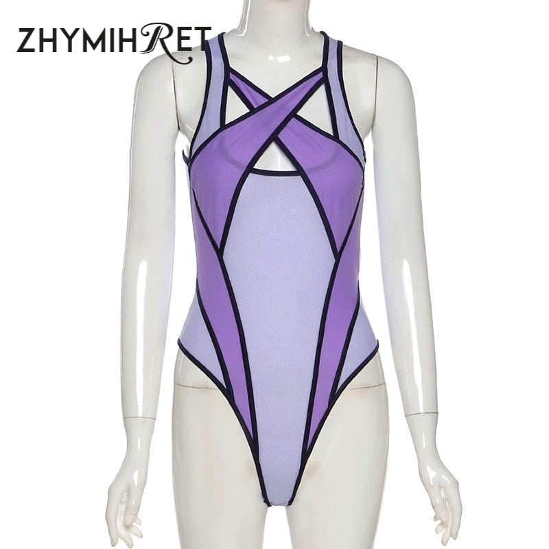 Transparent Mesh Hollow Out Patchwork Ladies Swimsuit