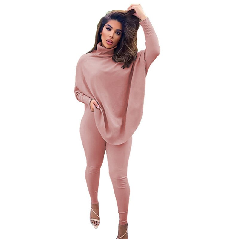 Batwing Long Sleeve Oversize Turtleneck Top & Bodycon Pant 2-Piece Set to 3X Plus