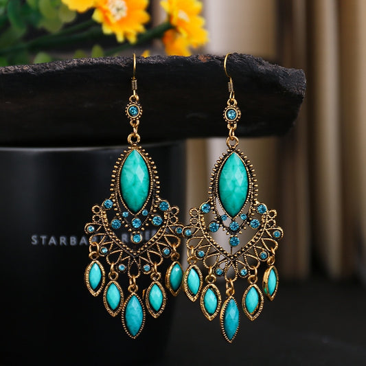 Alloy Hollow Rhinestone Tassel Wedding Earrings Danglers Boho Ethnic Geometric Earrings