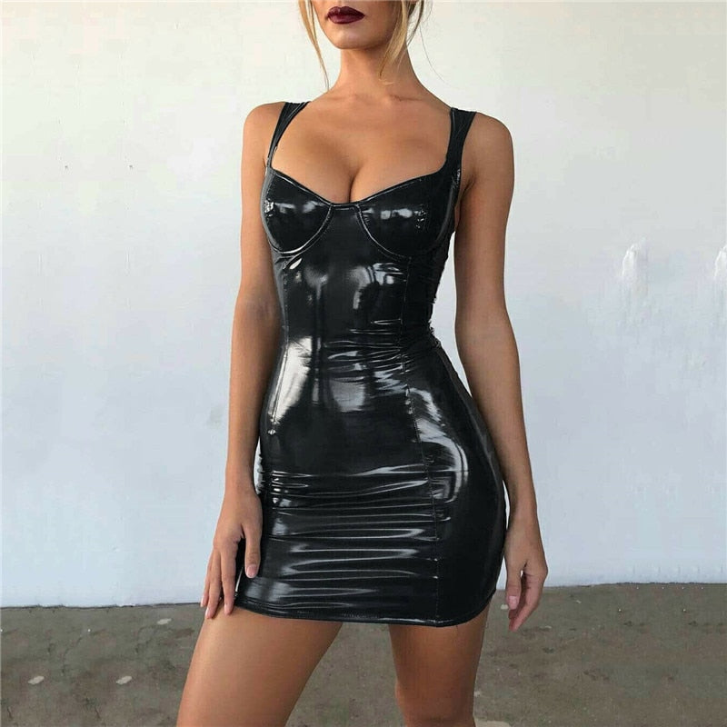 Skinny Faux Leather Camisole Spaghetti Strap Bodycon Mini Club Dress