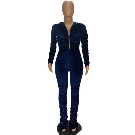 Velvet Hooded Solid Ruched Zipper Long Sleeve Jumpsuit