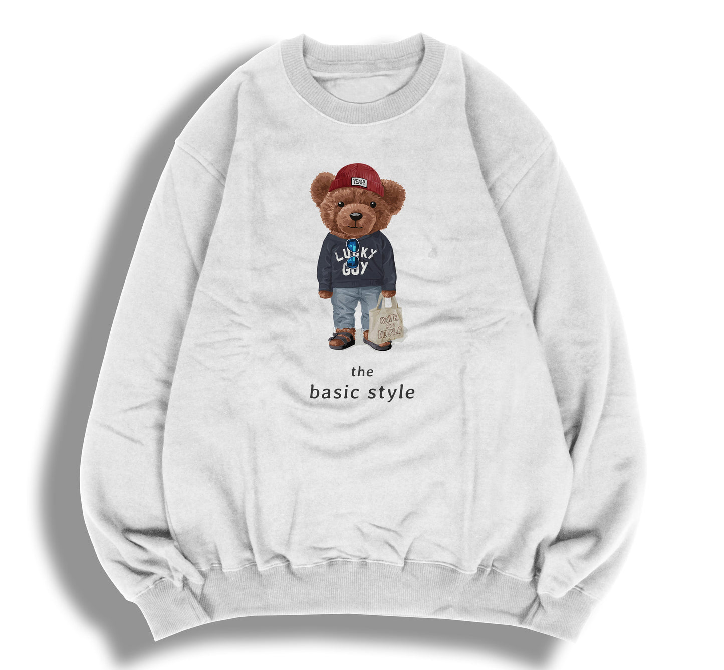 Teddy Bear "The Basic Style" Letter Printed Ladies Crewneck Sweatshirt Long Sleeve